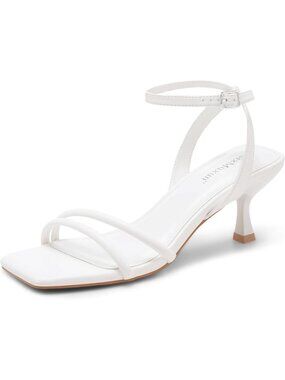 Women's White Square Open Toe Kitten Heels Strappy Ankle Strap Comfort Sandal